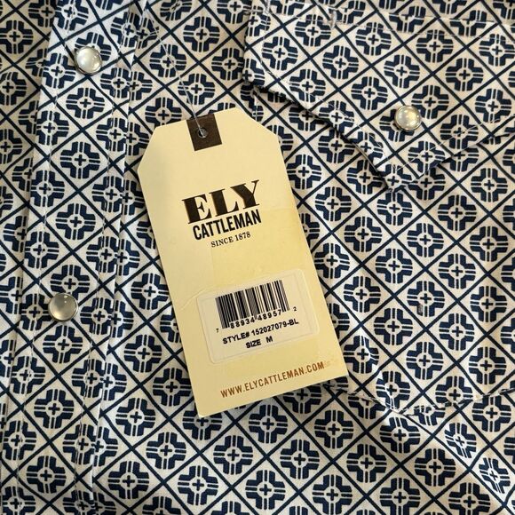 Ely Cattleman Shirt Mens Medium Blue Pattern Pearl Snap Western Cowboy Rodeo - Picture 3 of 6